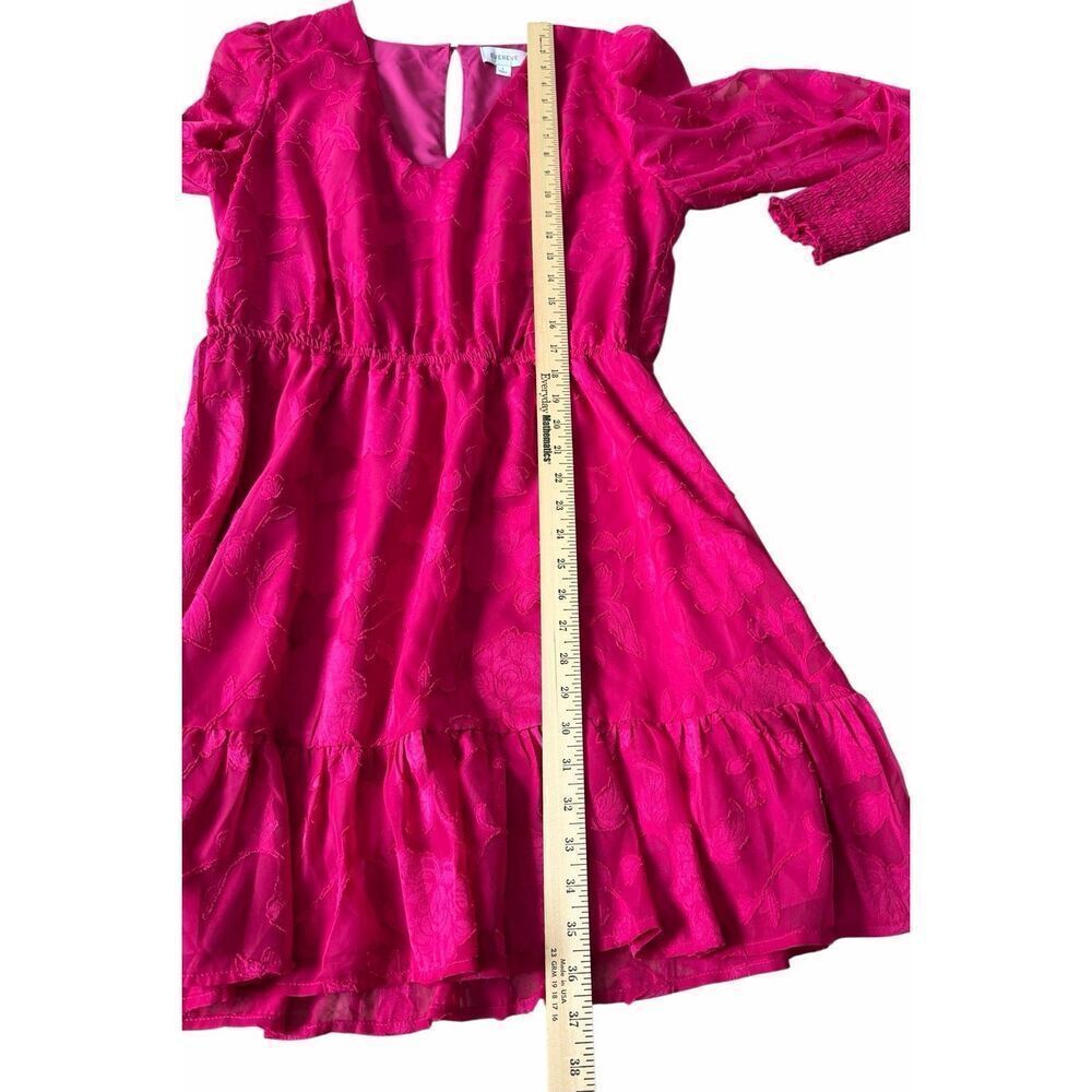Evereve Mini Dress V Neck Long Sleeve Floral Fit and Flare Pink Fuchsia size Lar - Picture 8 of 13